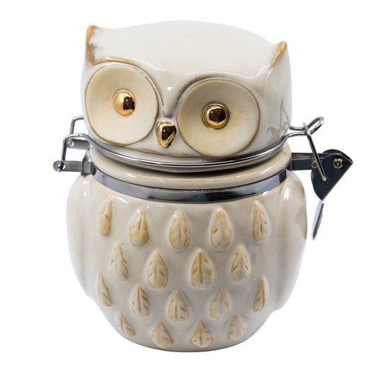 Reactive Glaze with Gold Owl Hinged Jar - Punch Bowl Designs