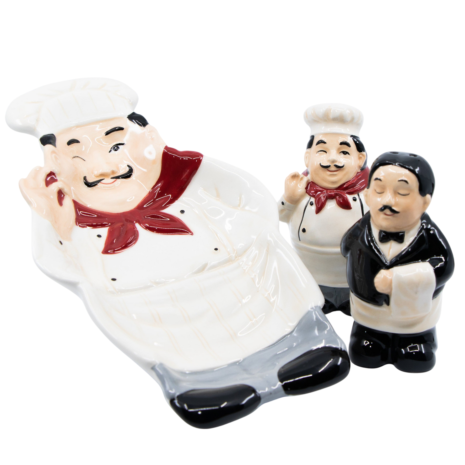 Hand-Painted Chef and Waiter Salt & Pepper Shakers with Spoon Rest Set - Punch Bowl Designs