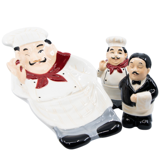 Hand-Painted Chef and Waiter Salt & Pepper Shakers with Spoon Rest Set - Punch Bowl Designs