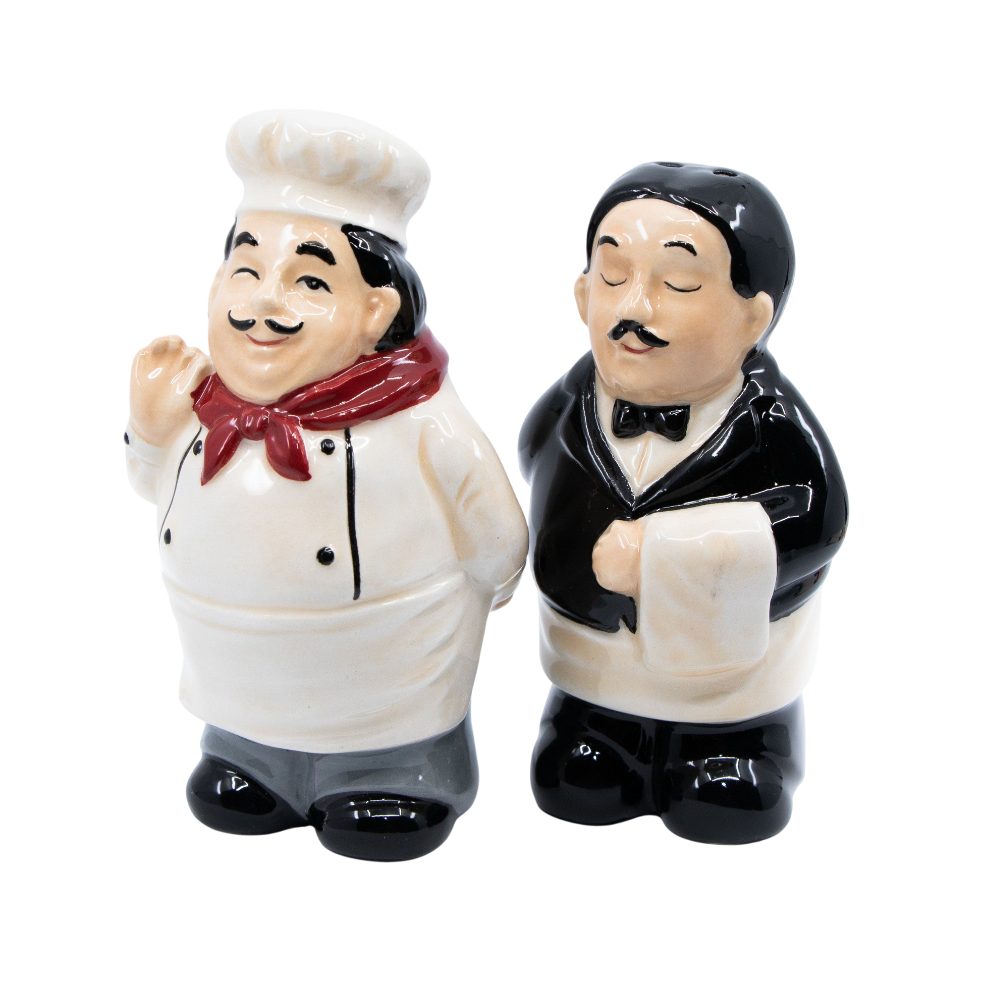 Hand-Painted Chef and Waiter Salt & Pepper Shakers with Spoon Rest Set - Punch Bowl Designs
