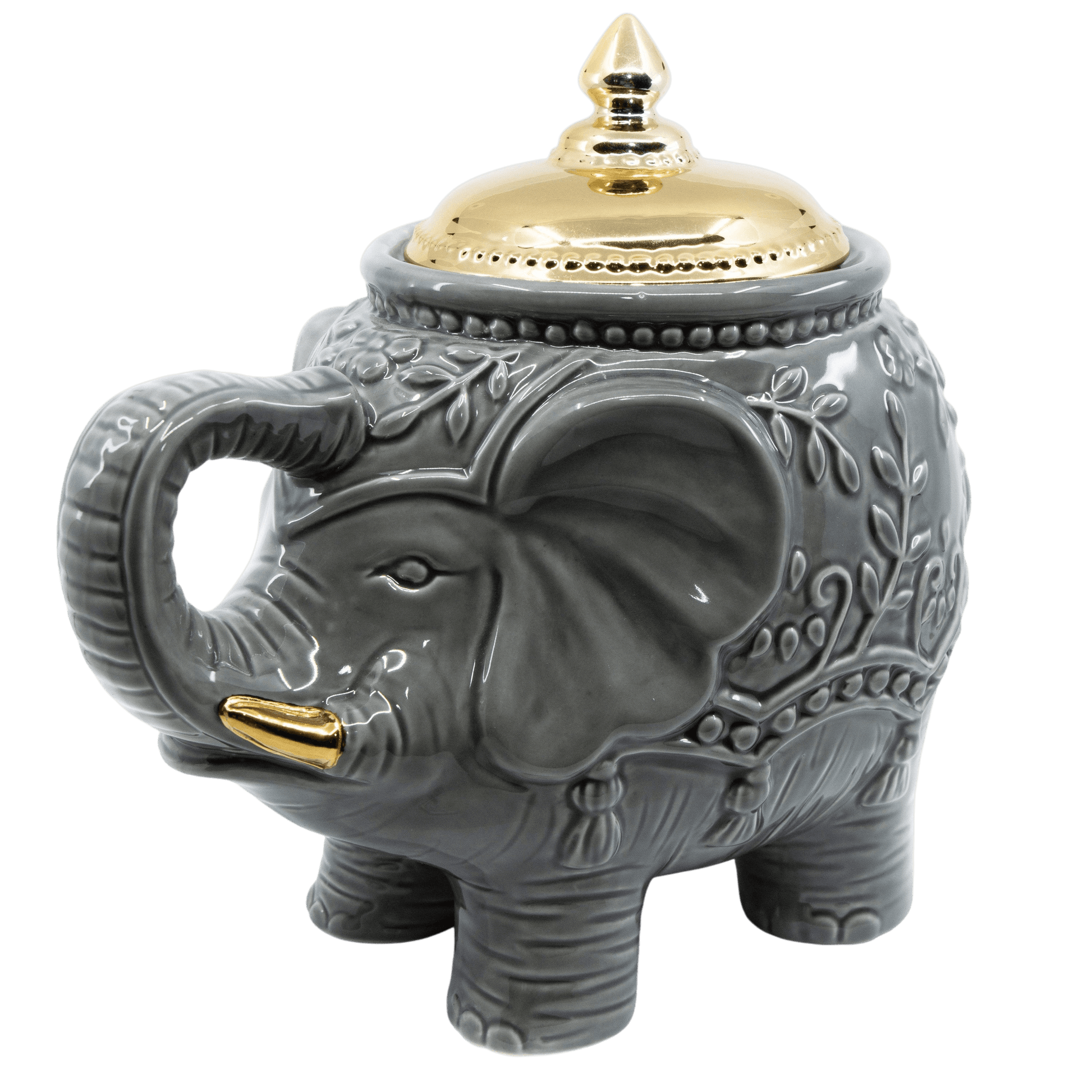 Reactive Glaze Elephant Cookie Jar with Gold Lid - Punch Bowl Designs
