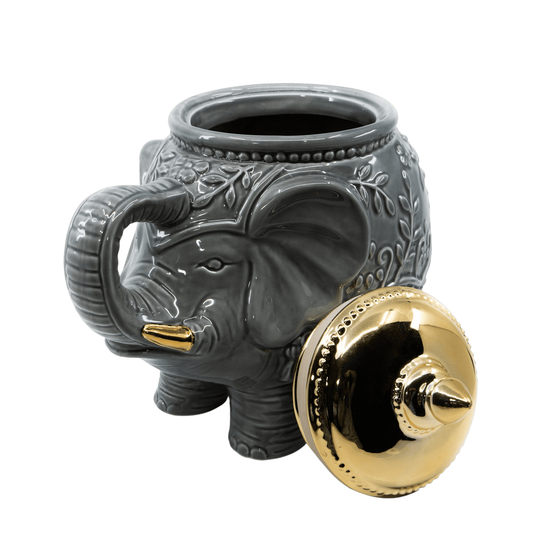 Reactive Glaze Elephant Cookie Jar with Gold Lid - Punch Bowl Designs