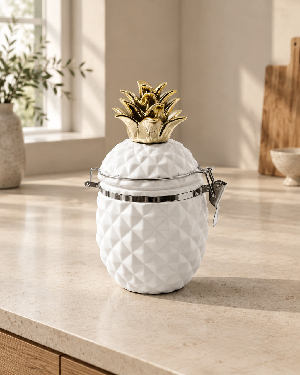 Gold Pineapple Hinged Jar (Matte White)