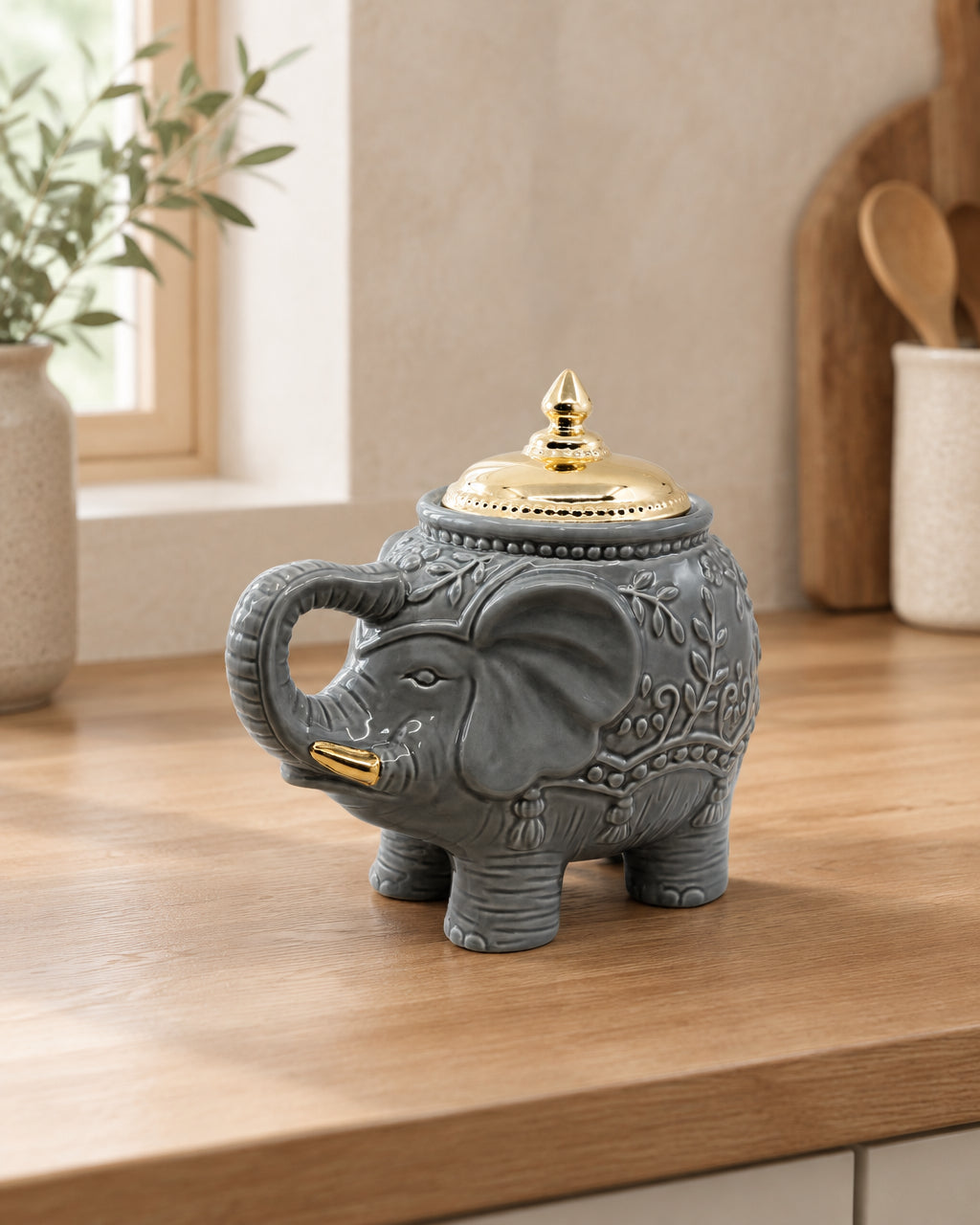 Elephant Cookie Jar with Gold Lid