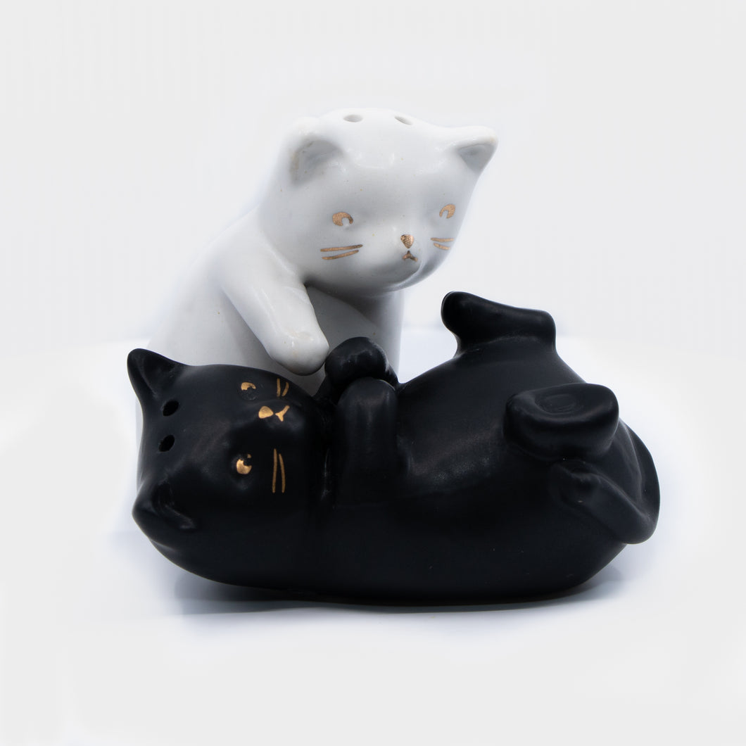 Playful Matte Black and White Cat Salt & Pepper Shakers