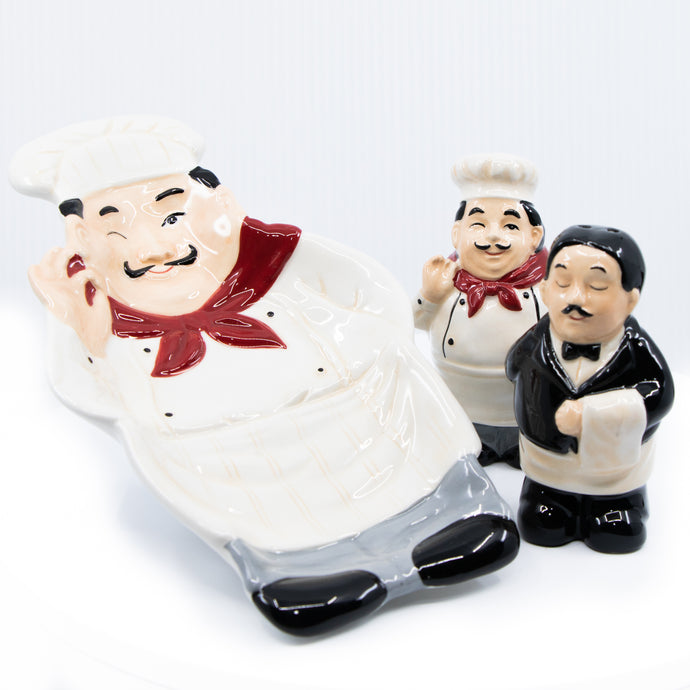 Hand-Painted Chef and Waiter Salt & Pepper Shakers with Spoon Rest Set