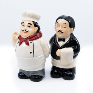 Hand-Painted Chef and Waiter Salt & Pepper Shakers with Spoon Rest Set